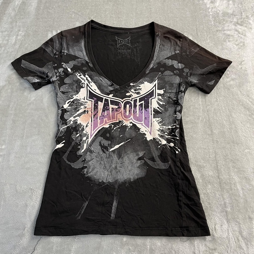 Tapout Shirt Womens Large Black V Neck Graphic Splatter MMA Tee Edgy Punk
